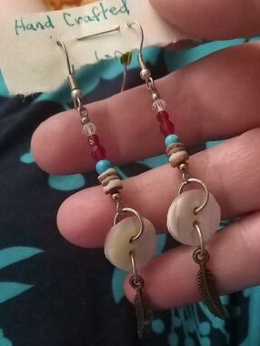 Handcrafted Turquoise & Red Bead Shell Drop Earrings with Feather Charm